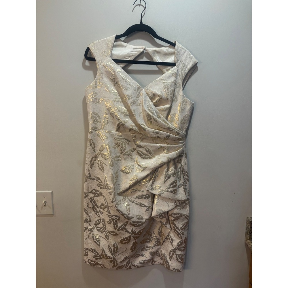 Maggy London Textured Leaf Brocade Dress Cutout Back V Neck Cap Sleeve Size 14